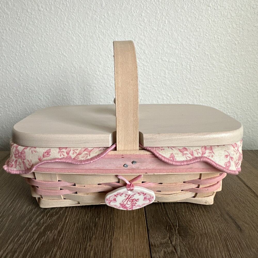 Longaberger 2000 Horizon of Hope Basket White Pink Lid Liner Protector Tie-On
